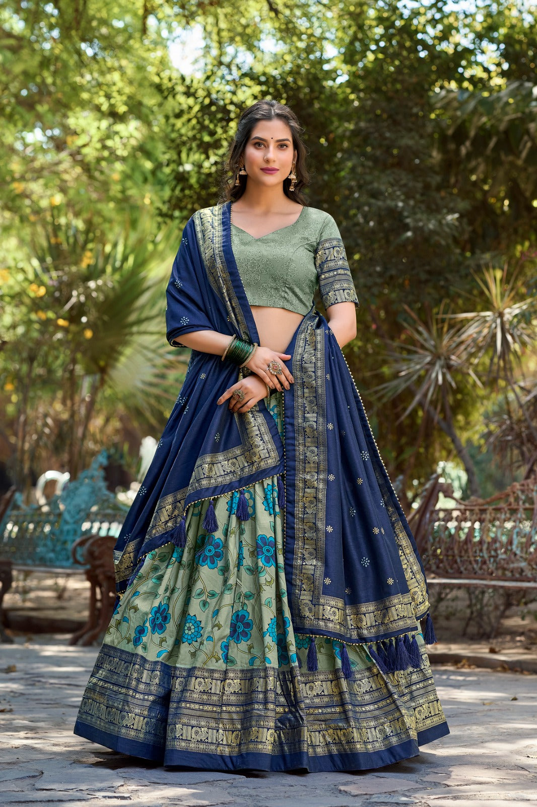 Sea Green Kalamkari Tussar Silk Lehenga Choli Set ClothsVilla