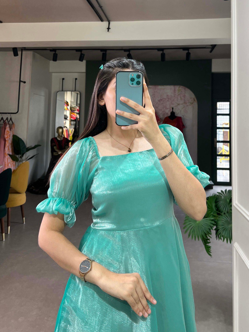 Sea Green Luxuriously Plain Burberry Silk Frock for Effortless Summer Elegance ClothsVilla