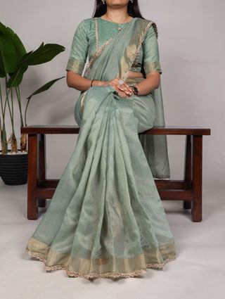 Sea Green Mannat Silk Saree with Zari Weaving & Lace Border ClothsVilla