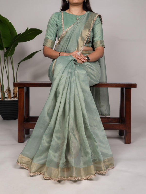 Sea Green Mannat Silk Saree with Zari Weaving & Lace Border ClothsVilla