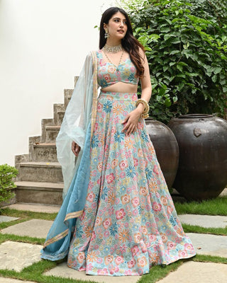 Sea Green Muslin Silk Lehenga Set with Digital Print & Hook Beads Work – Umbrella Cut with Designer Dupatta ClothsVilla