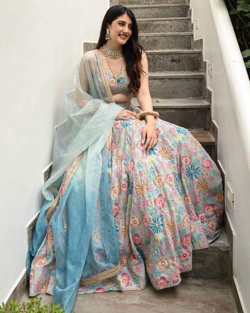 Sea Green Muslin Silk Lehenga Set with Digital Print & Hook Beads Work – Umbrella Cut with Designer Dupatta ClothsVilla