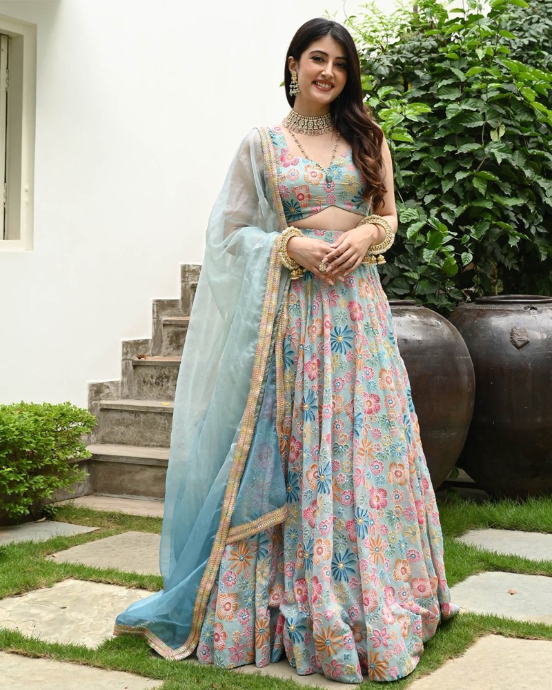 Sea Green Muslin Silk Lehenga Set with Digital Print & Hook Beads Work – Umbrella Cut with Designer Dupatta ClothsVilla