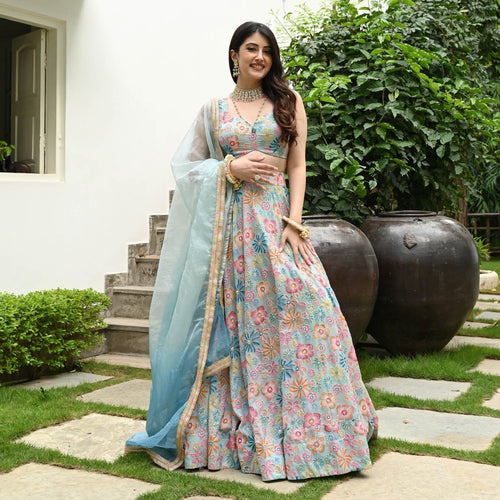 Sea Green Muslin Silk Lehenga Set with Digital Print & Hook Beads Work – Umbrella Cut with Designer Dupatta ClothsVilla