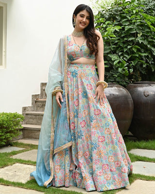 Sea Green Muslin Silk Lehenga Set with Digital Print & Hook Beads Work – Umbrella Cut with Designer Dupatta ClothsVilla