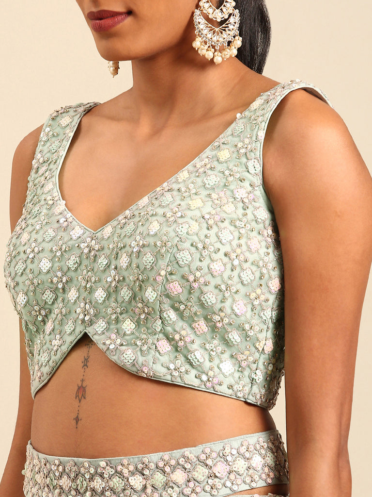 Sea green Net Multi Sequins with heavy Zarkan embroidery Semi-Stitched Lehenga choli & Dupatta Clothsvilla