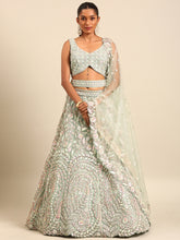 Load image into Gallery viewer, Sea green Net Multi Sequins with heavy Zarkan embroidery Semi-Stitched Lehenga choli &amp; Dupatta Clothsvilla