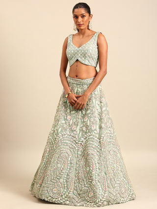 Sea green Net Multi Sequins with heavy Zarkan embroidery Semi-Stitched Lehenga choli & Dupatta Clothsvilla
