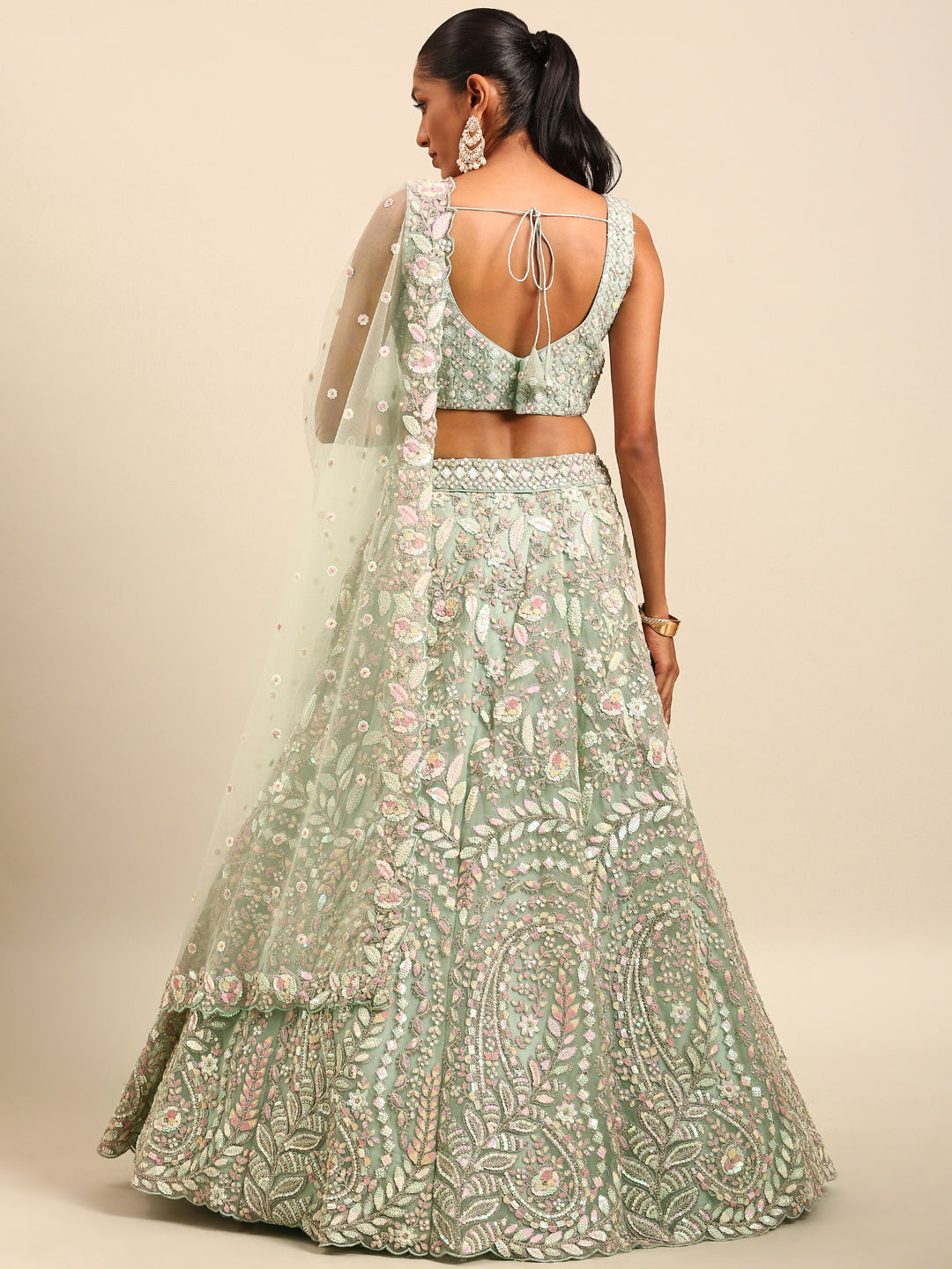 Sea green Net Multi Sequins with heavy Zarkan embroidery Semi-Stitched Lehenga choli & Dupatta Clothsvilla