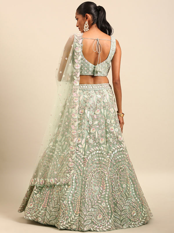 Sea green Net Multi Sequins with heavy Zarkan embroidery Semi-Stitched Lehenga choli & Dupatta Clothsvilla