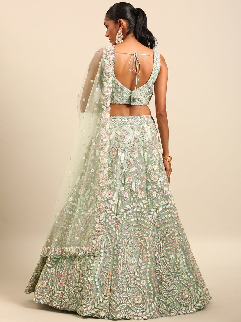 STEEL GREY CLASSIC LEHENGA SET WITH ALL OVER PATTERNED SILVER ZARI  EMBROIDERY PAIRED WITH A MATCHING DUPATTA AND ALL OVER SILVER  EMBELLISHMENTS. - Seasons India