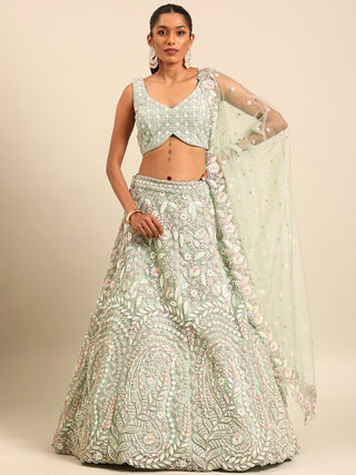 Sea green Net Multi Sequins with heavy Zarkan embroidery Semi-Stitched Lehenga choli & Dupatta Clothsvilla