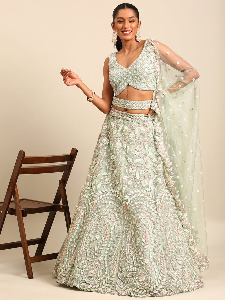 Sea green Net Multi Sequins with heavy Zarkan embroidery Semi-Stitched Lehenga choli & Dupatta Clothsvilla