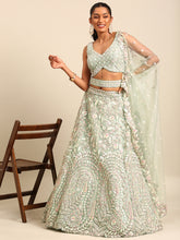 Load image into Gallery viewer, Sea green Net Multi Sequins with heavy Zarkan embroidery Semi-Stitched Lehenga choli &amp; Dupatta Clothsvilla