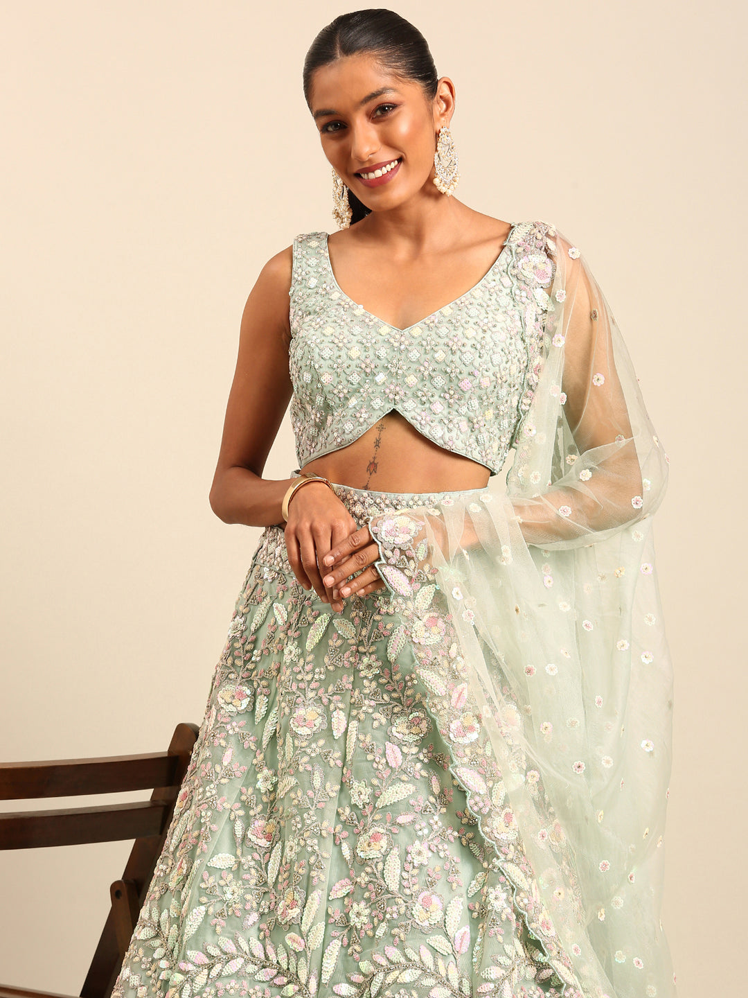 Sea green Net Multi Sequins with heavy Zarkan embroidery Semi-Stitched Lehenga choli & Dupatta Clothsvilla