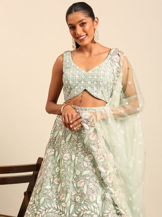 Sea green Net Multi Sequins with heavy Zarkan embroidery Semi-Stitched Lehenga choli & Dupatta Clothsvilla