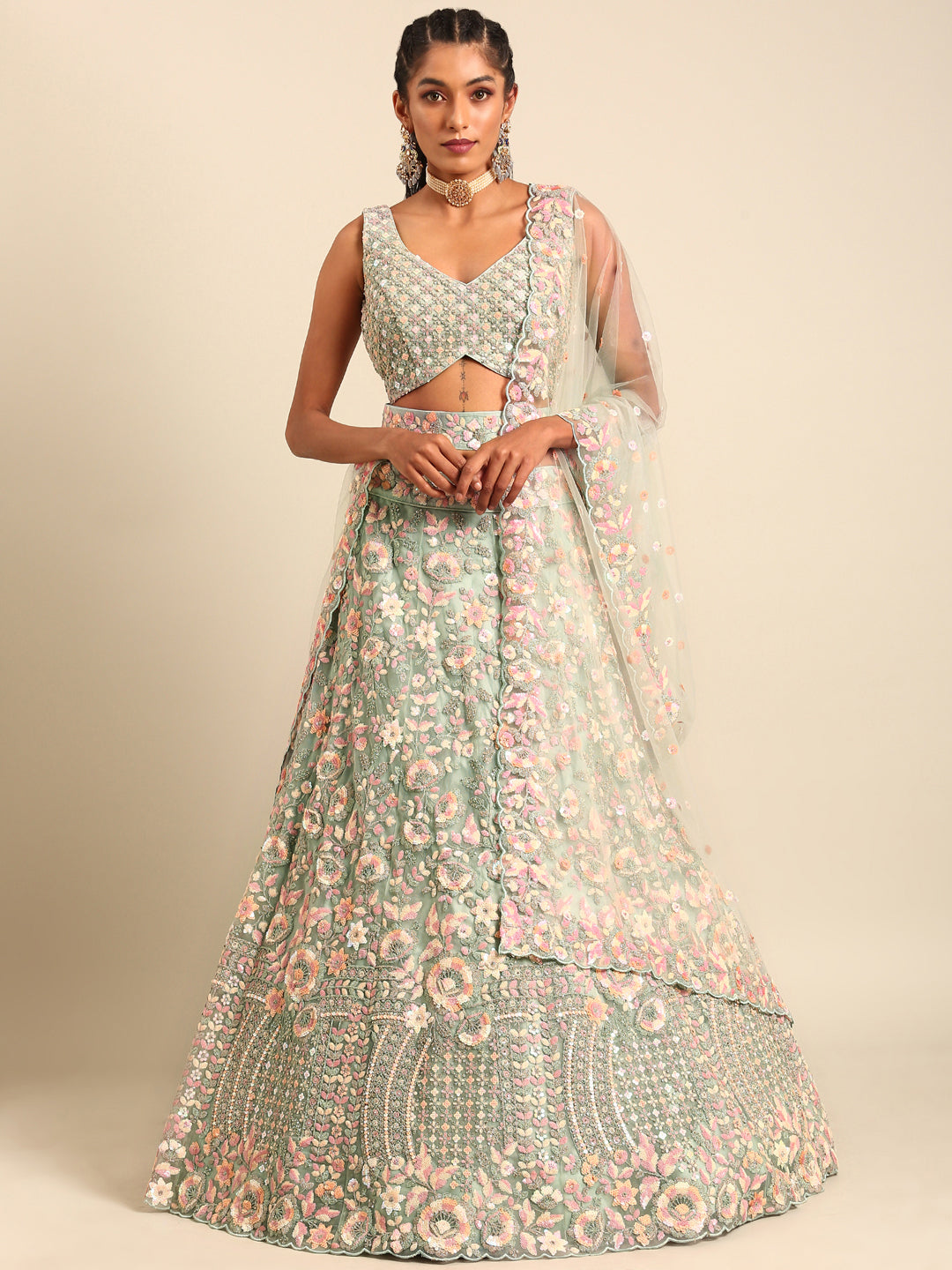 Sea green Net Multi Sequins with heavy Zarkan embroidery Semi-Stitched Lehenga choli & Dupatta Clothsvilla