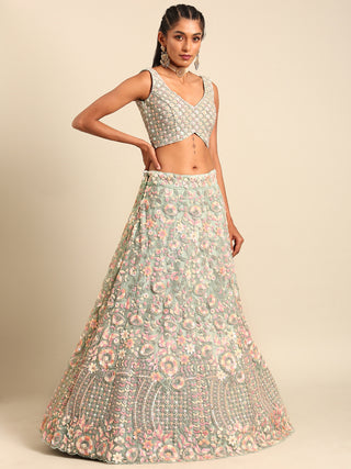 Sea green Net Multi Sequins with heavy Zarkan embroidery Semi-Stitched Lehenga choli & Dupatta Clothsvilla