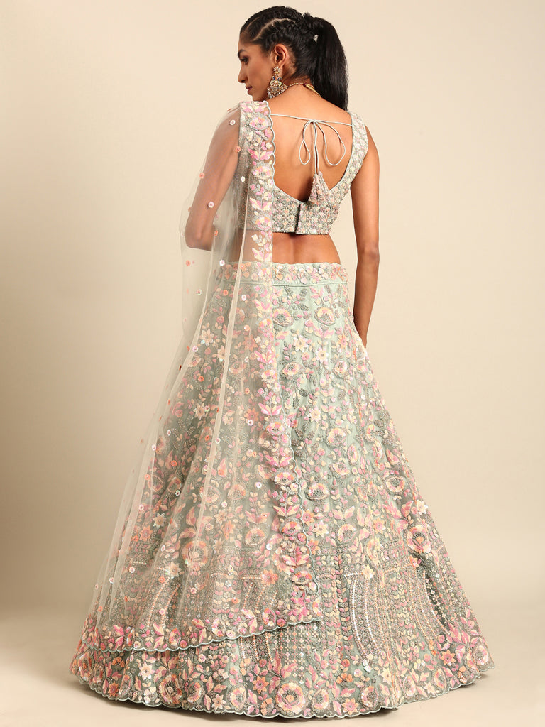 Sea green Net Multi Sequins with heavy Zarkan embroidery Semi-Stitched Lehenga choli & Dupatta Clothsvilla