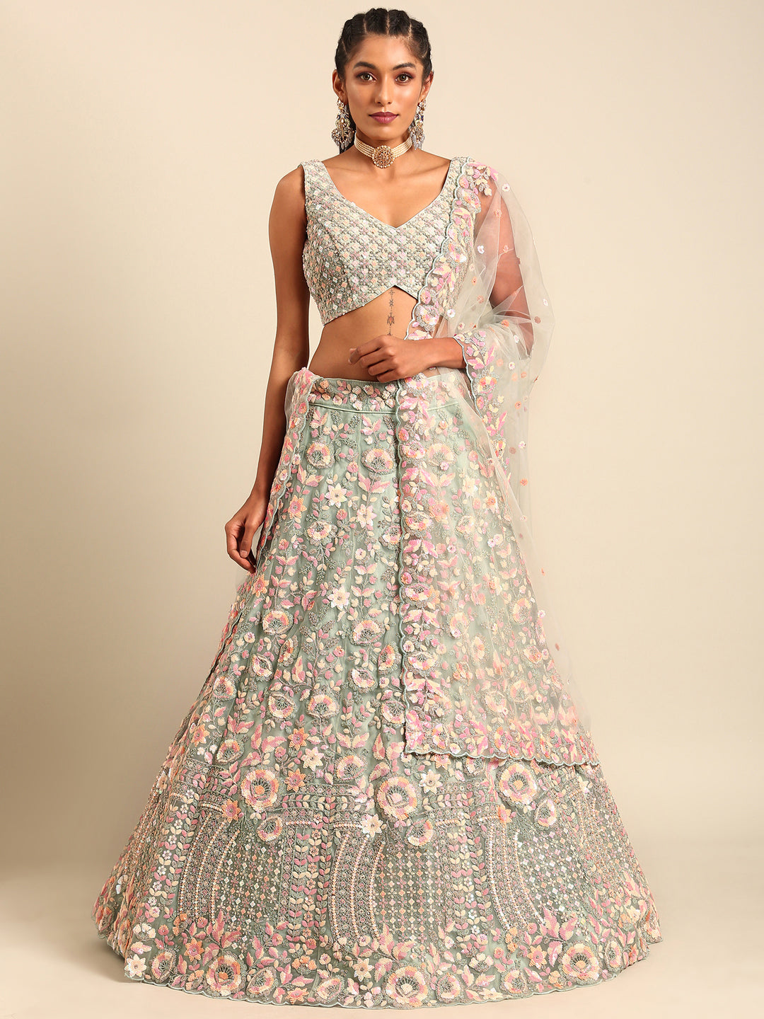 Sea green Net Multi Sequins with heavy Zarkan embroidery Semi-Stitched Lehenga choli & Dupatta Clothsvilla