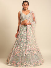 Load image into Gallery viewer, Sea green Net Multi Sequins with heavy Zarkan embroidery Semi-Stitched Lehenga choli &amp; Dupatta Clothsvilla