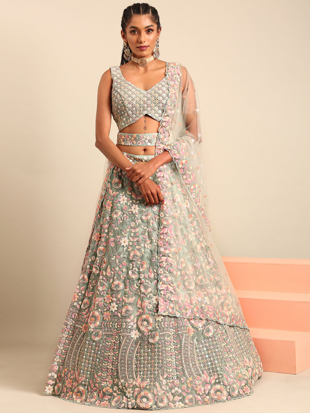 Sea green Net Multi Sequins with heavy Zarkan embroidery Semi-Stitched Lehenga choli & Dupatta Clothsvilla
