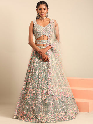 Sea green Net Multi Sequins with heavy Zarkan embroidery Semi-Stitched Lehenga choli & Dupatta Clothsvilla