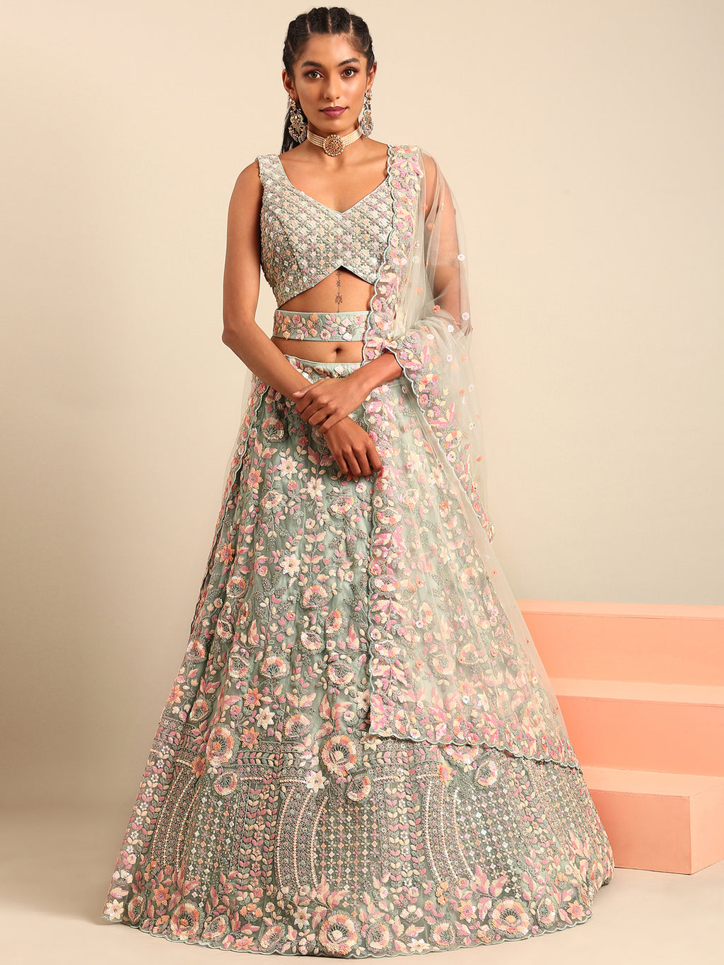 Sea green Net Multi Sequins with heavy Zarkan embroidery Semi-Stitched Lehenga choli & Dupatta Clothsvilla