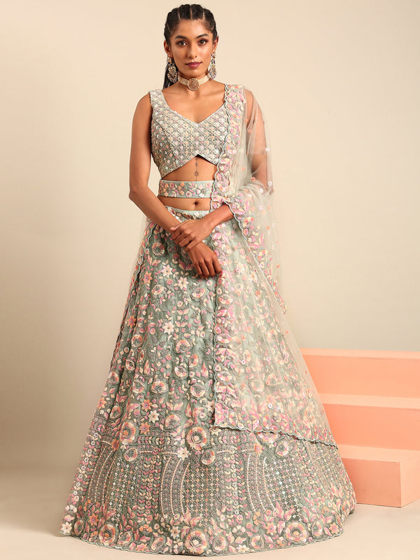 Sea green Net Multi Sequins with heavy Zarkan embroidery Semi-Stitched Lehenga choli & Dupatta Clothsvilla