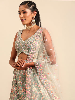 Sea green Net Multi Sequins with heavy Zarkan embroidery Semi-Stitched Lehenga choli & Dupatta Clothsvilla