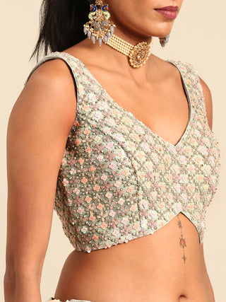 Sea green Net Multi Sequins with heavy Zarkan embroidery Semi-Stitched Lehenga choli & Dupatta Clothsvilla