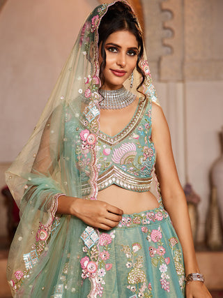 Sea Green Net Sequinse embroidery Semi-Stitched Lehenga choli & Dupatta ClothsVilla