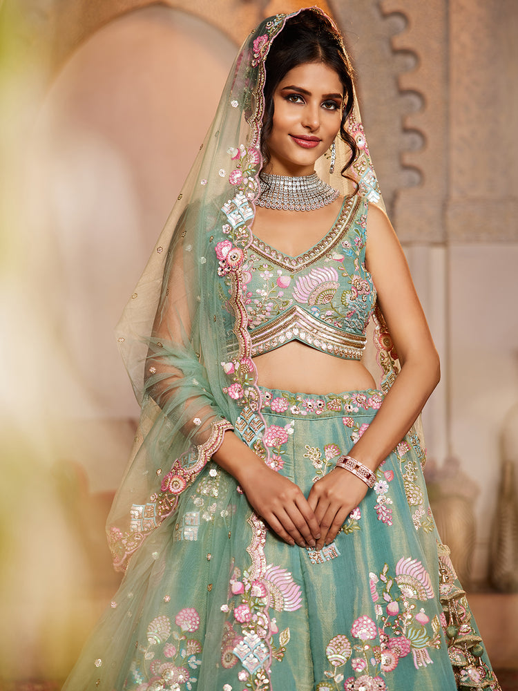 Sea Green Net Sequinse embroidery Semi-Stitched Lehenga choli & Dupatta ClothsVilla