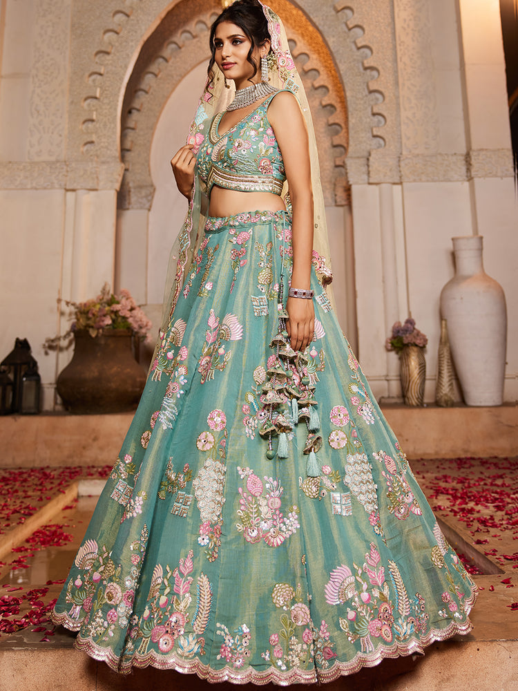 Sea Green Net Sequinse embroidery Semi-Stitched Lehenga choli & Dupatta ClothsVilla