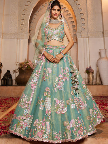 Sea Green Net Sequinse embroidery Semi-Stitched Lehenga choli & Dupatta ClothsVilla