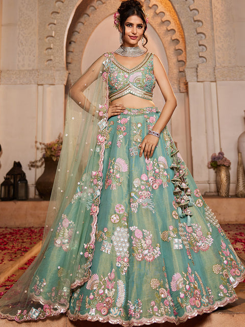 Sea Green Net Sequinse embroidery Semi-Stitched Lehenga choli & Dupatta ClothsVilla Main image