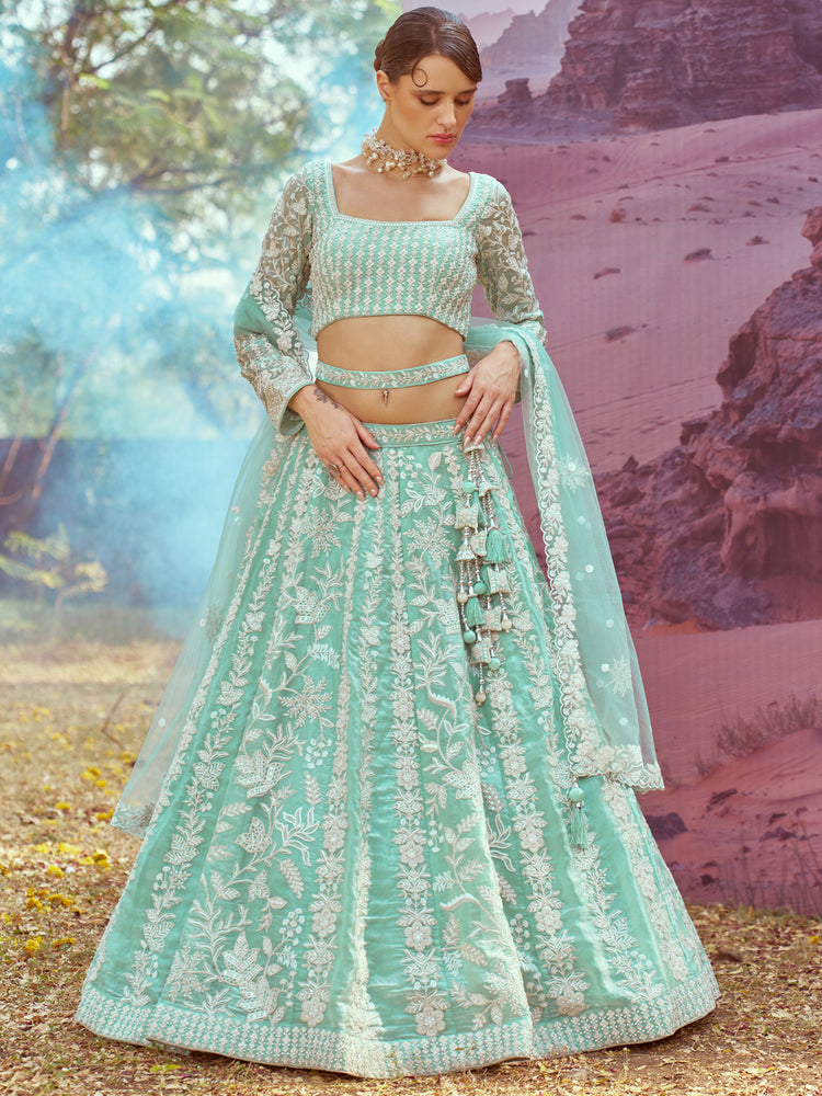 Sea Green Organza Sequins embroidery Semi-Stitched Lehenga choli & Dupatta ClothsVilla