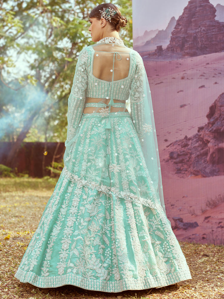 Sea Green Organza Sequins embroidery Semi-Stitched Lehenga choli & Dupatta ClothsVilla