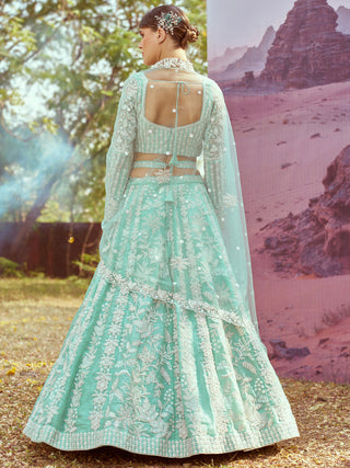 Sea Green Organza Sequins embroidery Semi-Stitched Lehenga choli & Dupatta ClothsVilla