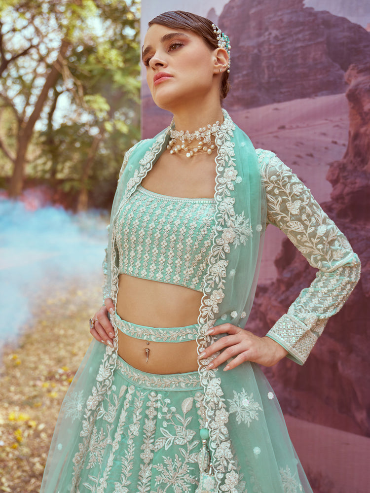 Sea Green Organza Sequins embroidery Semi-Stitched Lehenga choli & Dupatta ClothsVilla