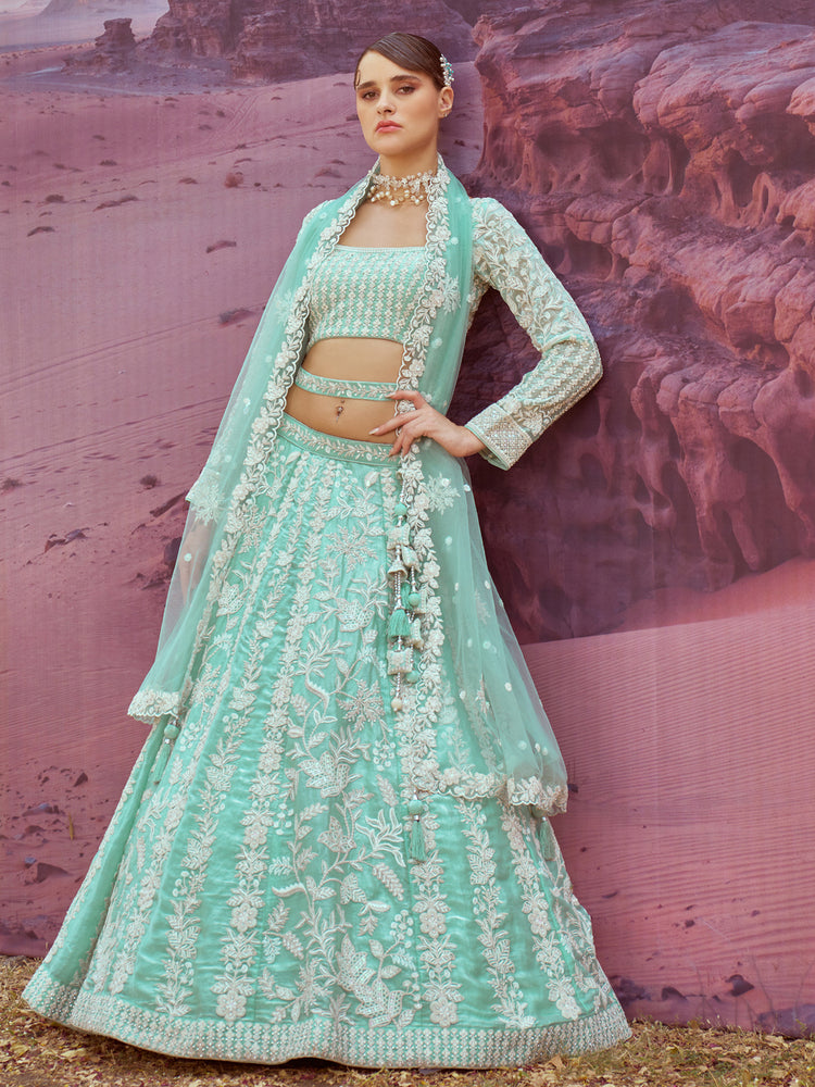 Sea Green Organza Sequins embroidery Semi-Stitched Lehenga choli & Dupatta ClothsVilla