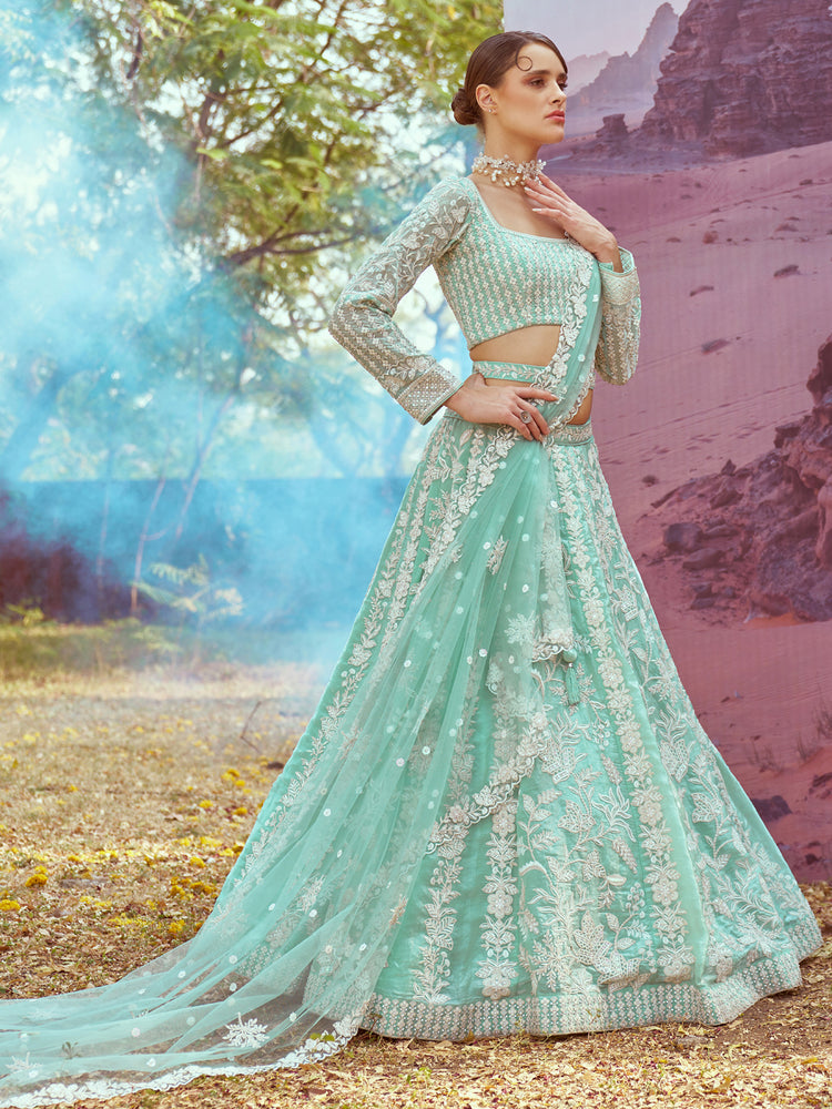 Sea Green Organza Sequins embroidery Semi-Stitched Lehenga choli & Dupatta ClothsVilla
