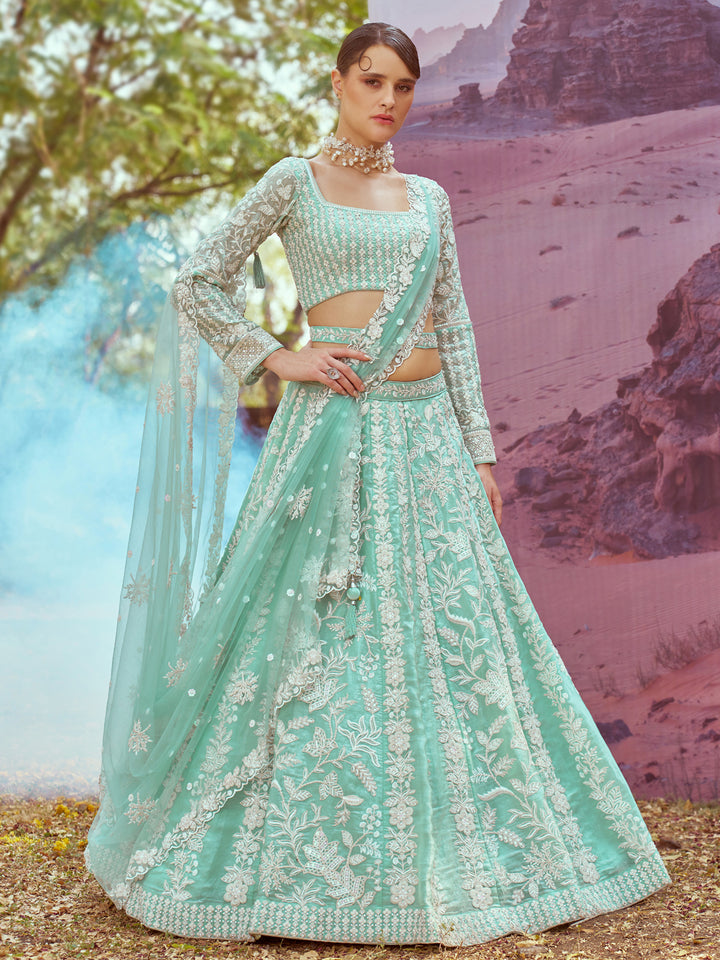 Sea Green Organza Sequins embroidery Semi-Stitched Lehenga choli & Dupatta ClothsVilla
