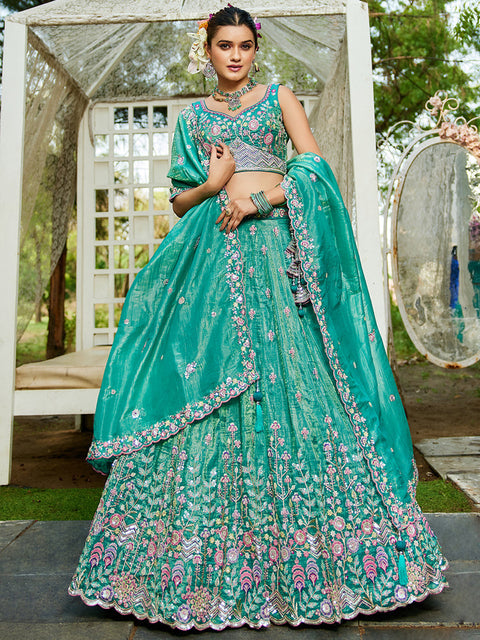 Sea Green Premium Tissue Fabric Semi-Stitched Lehenga Set with Sequins, Coding & Thread Embroidery Work ClothsVilla Main image