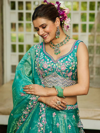 Sea Green Premium Tissue Fabric Semi-Stitched Lehenga Set with Sequins, Coding & Thread Embroidery Work ClothsVilla