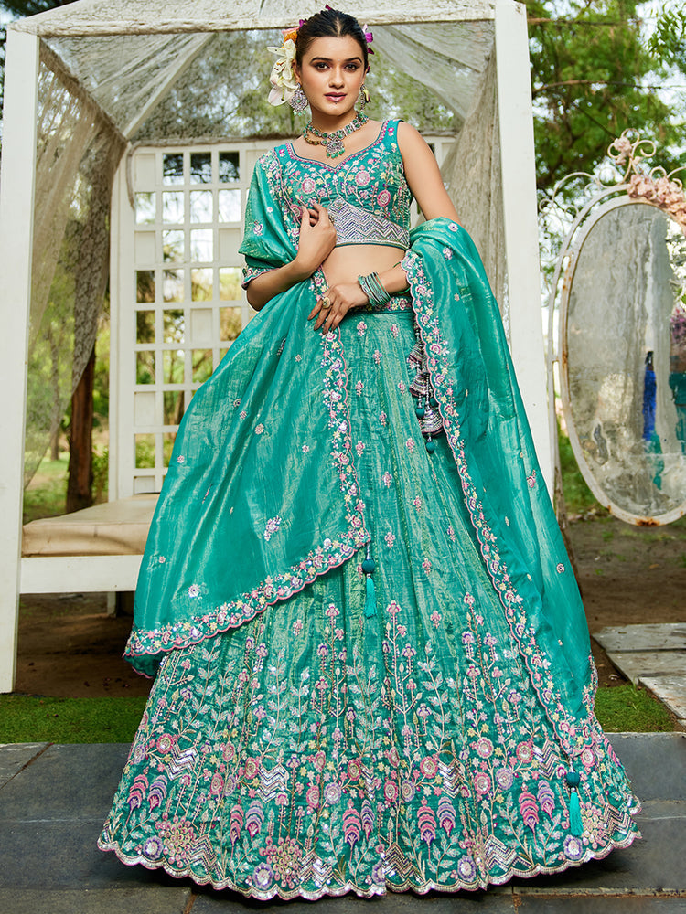 Sea Green Premium Tissue Fabric Semi-Stitched Lehenga Set with Sequins, Coding & Thread Embroidery Work ClothsVilla