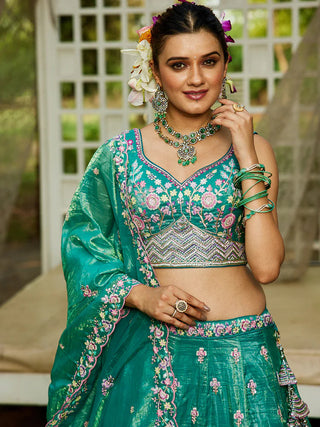 Sea Green Premium Tissue Fabric Semi-Stitched Lehenga Set with Sequins, Coding & Thread Embroidery Work ClothsVilla