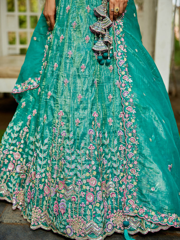 Sea Green Premium Tissue Fabric Semi-Stitched Lehenga Set with Sequins, Coding & Thread Embroidery Work ClothsVilla