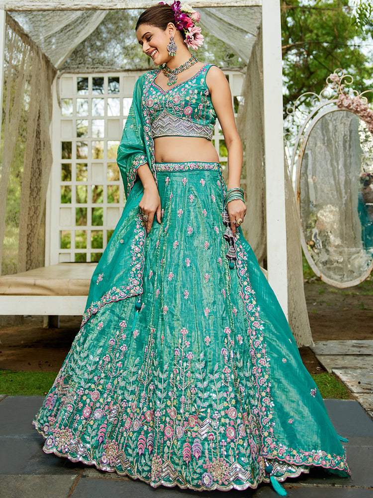 Sea Green Premium Tissue Fabric Semi-Stitched Lehenga Set with Sequins, Coding & Thread Embroidery Work ClothsVilla