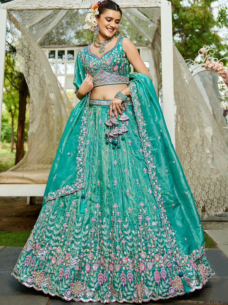 Sea Green Premium Tissue Fabric Semi-Stitched Lehenga Set with Sequins, Coding & Thread Embroidery Work ClothsVilla